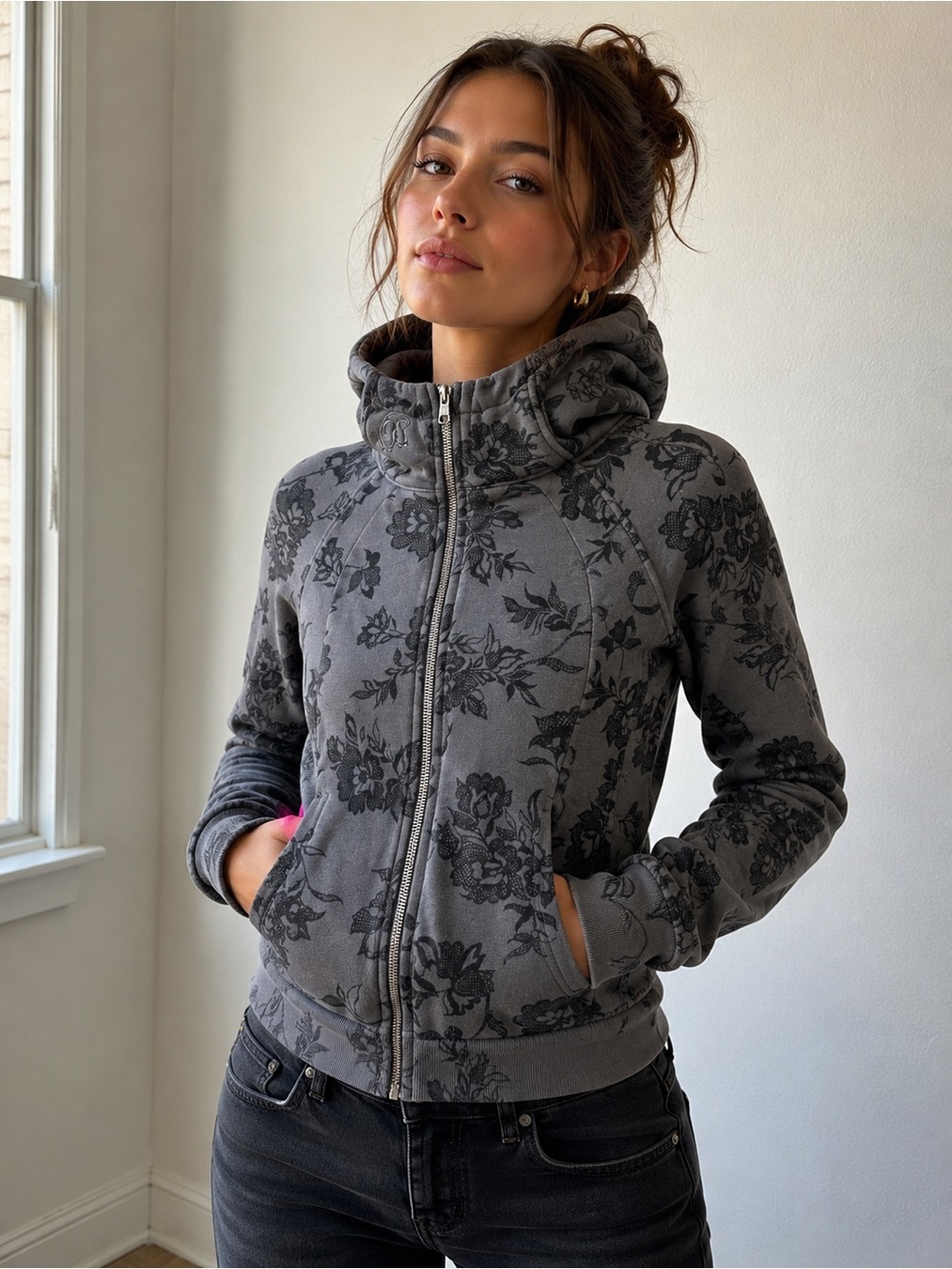 grey Lululemon Scuba Full-Zip Hoodie featuring a dark floral Filigree Lace